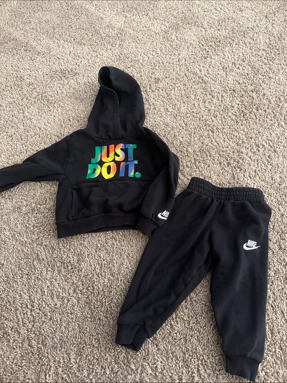 Nike toddler Black Hoodie & Joggers Set with Rainbow 'Just Do It' Logo